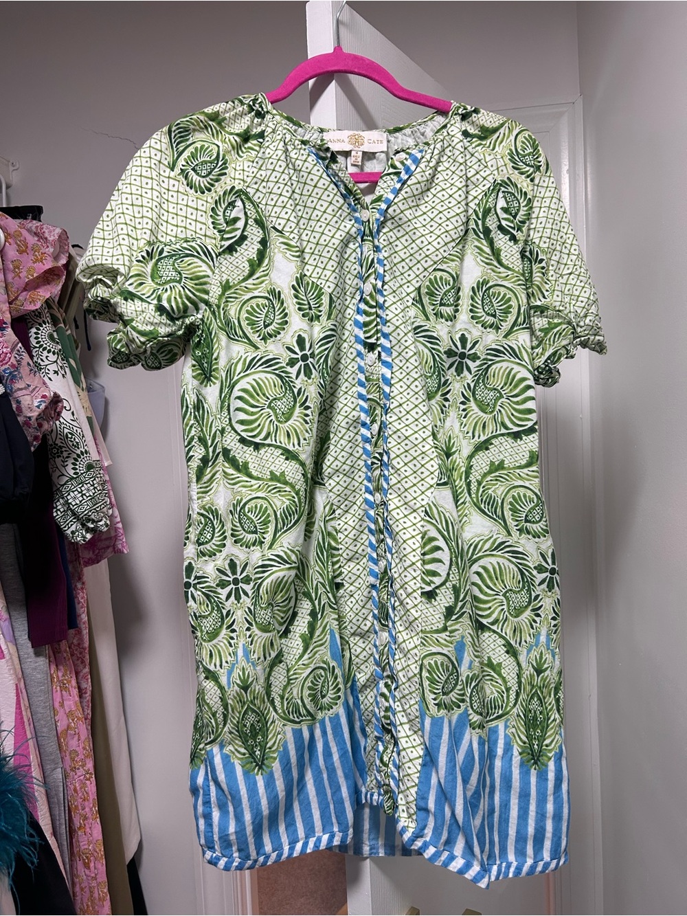 Green Floral Casual Tunic Dress with Blue Stripe Trim